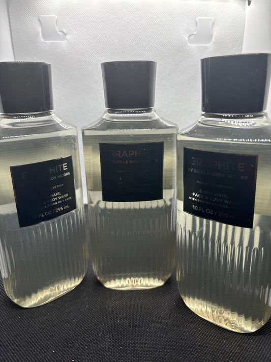 3PK Bath & Body Works Men's Graphite 3 In 1 Body Hair Face Wash 10 oz