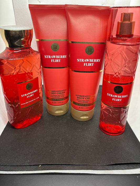 4pc Bath & Body Works STRAWBERRY FLIRT Fragrance Mist, Body Cream, Body wash